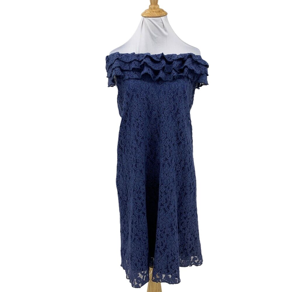 Maternal America Dress Womens S Small Blue Floral Lace Off Shoulder Ruffle Lined